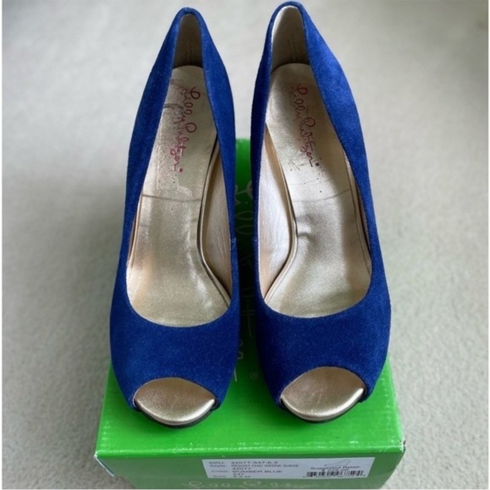 Lilly Pulitzer Resort Chic Bomber Blue Suede Peep Toe Wedge Shoes